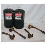 2 Coleman Propane Tanks and 4 torch heads