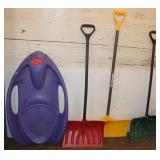 3 Snow Shovels & 40'l Plastic Kids Snow Sled;
