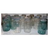 6 Aqua Canning Jars & 8 Clear Canning Jars All W/