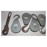 4 Metal Pulleys & 1 Vintage Tool