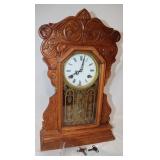 Ornate Wooden Antique Shelf Clock, Works w/ Key