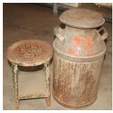 Metal Milk Can and Milking Stool;