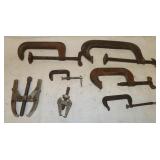 5) C-Clamps, & 2) 2 jaw Gear Pullers: