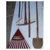 Yard Tools: 25" Rake, 48" Rock Bar, Pick, Spade,