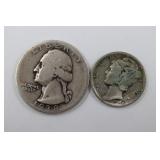 1938 Quarter, 1940 Mercury Dime