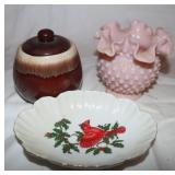 McCoy Jar, Hobnail Vase, And Lefton Dish
