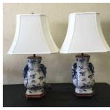2- White & Blue Table Lamps on Wood Base