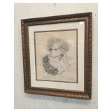Gold Framed Drawing of Women & Cat