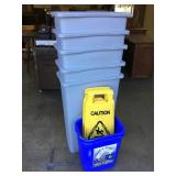 5 Large Trashcans 2 Recycle Cans and 2 Wet Floor