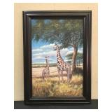 Large Painting on Canvas of Mother Giraffe & Baby