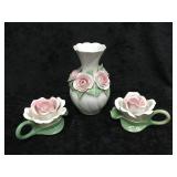 Vase with Pink Flowers and 2 Flower Candle Holders