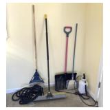 Brooms, Rake, Sprayer, Hose, Shovel