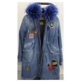 Mr & Mrs Italy Blue Denim Patch Fur Hood Jacket