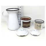 White & Black Pitcher & (2) Candles In Mugs w/
