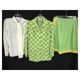 Green/Yellow Polyester Blazer & Skirt w/Blouse