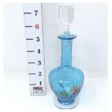 Blue Glass Floral Design Bottle w/Stopper