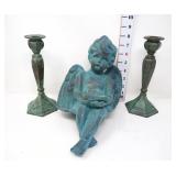 Shelf Sitting Cherub & 2 Metal Candlesticks