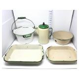 Green & White Enamelware Pail, (2) Green & Cream
