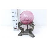 Cranberry Pink Blown Glass Orb w/ Hummingbird