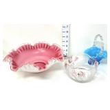 Pink/White Ruffled Bowl &  Blue Opalescent Ruffled