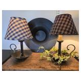 (2) Candlestick Lamps w/Shades & Lg Black Bowl