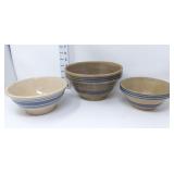 (3) Blue Striped Stoneware Bowls