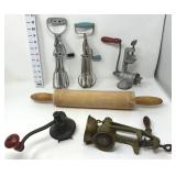 Vintage Rolling Pin, (2) Beaters &  (3)Grinders