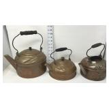 (3) Copper Tea Pots - (1) Missing Lid