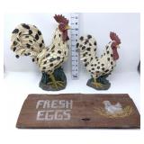 (2) Decorative Roosters & Wood 'Fresh Eggs' Sign