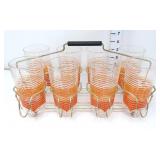 (8) Orange Striped Drinking Glasses w/ Caddy