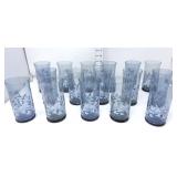 (16) Libbey Blue Glass Tumblers w/ Leaves Design
