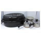 Enamelware Roasting Pan, (2) Sauce Pans & Bowl
