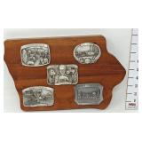 1983-1987 Iowa Farmer Belt Buckles on Iowa Wooden