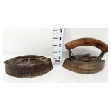 (2) Sad Iron Bases w/(1) Wooden Handle