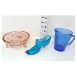 Colored Glass Candy Dish, Boot, & Pitcher