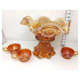 Marigold Carnival Glass Pedestal Punch Bowl w/(3)