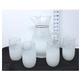 Vintage White Frosted Pitcher w/4 Glasses