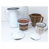 Stoneware & Enamel Pitcher and (2) Candles
