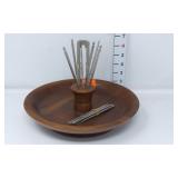 MCM Walnut Nut Bowl w/Cracker & Picks