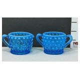 Blue Opalescent Hobnail Glass Creamer & Sugar
