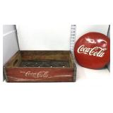 Coca Cola Metal Button Sign & Wooden Box