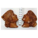 Pair of Vintage Carved Wood Women Tribal Faces