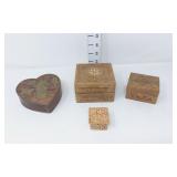 (4) Wood Inlay & Carved Trinket Boxes
