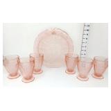 Pink Depression Cherry Blossom Cake Plate & (6)