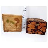 (2) Vintage Pyrography Boxes Handkerchief & Leaf