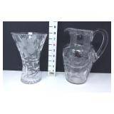 Clear Cut Etched Crystal Vase & Pitcher