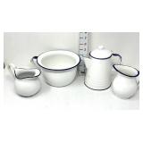 White & Blue Enamelware Coffee Pot, Pitcher & Pot