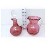Cranberry Glass Cruet & Vase w/Clear Applied