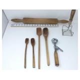 Vtg Rolling Pin, Wooden Spoons, Ice Cream Scoop