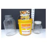(2) Hormel Glass Jars, Lard Tin & 100th Ann. Bank